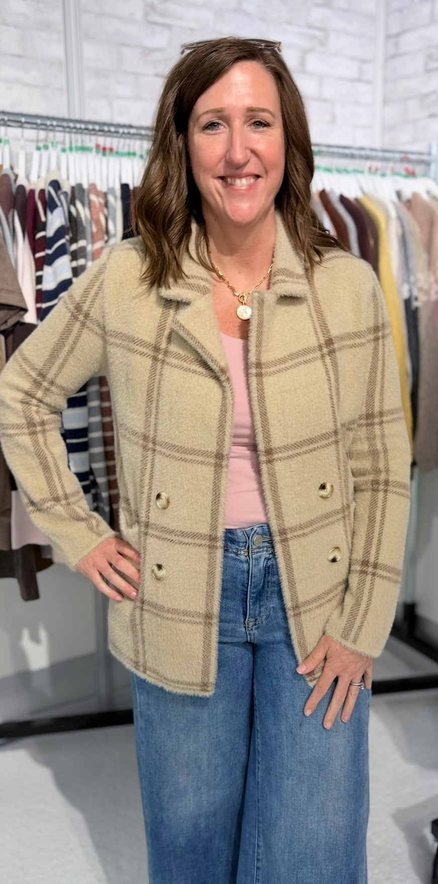 Mocha Plaid Fuzzy Double Button Coat