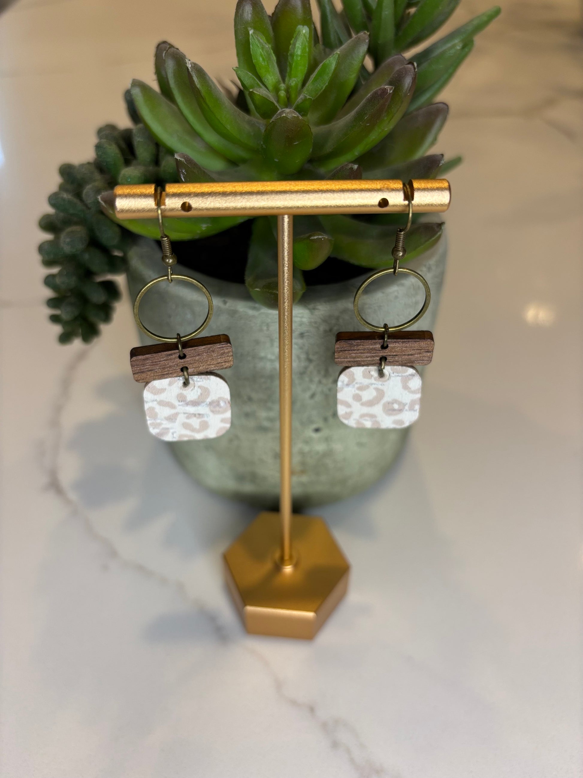 Cream leopard leather and wood square earrings