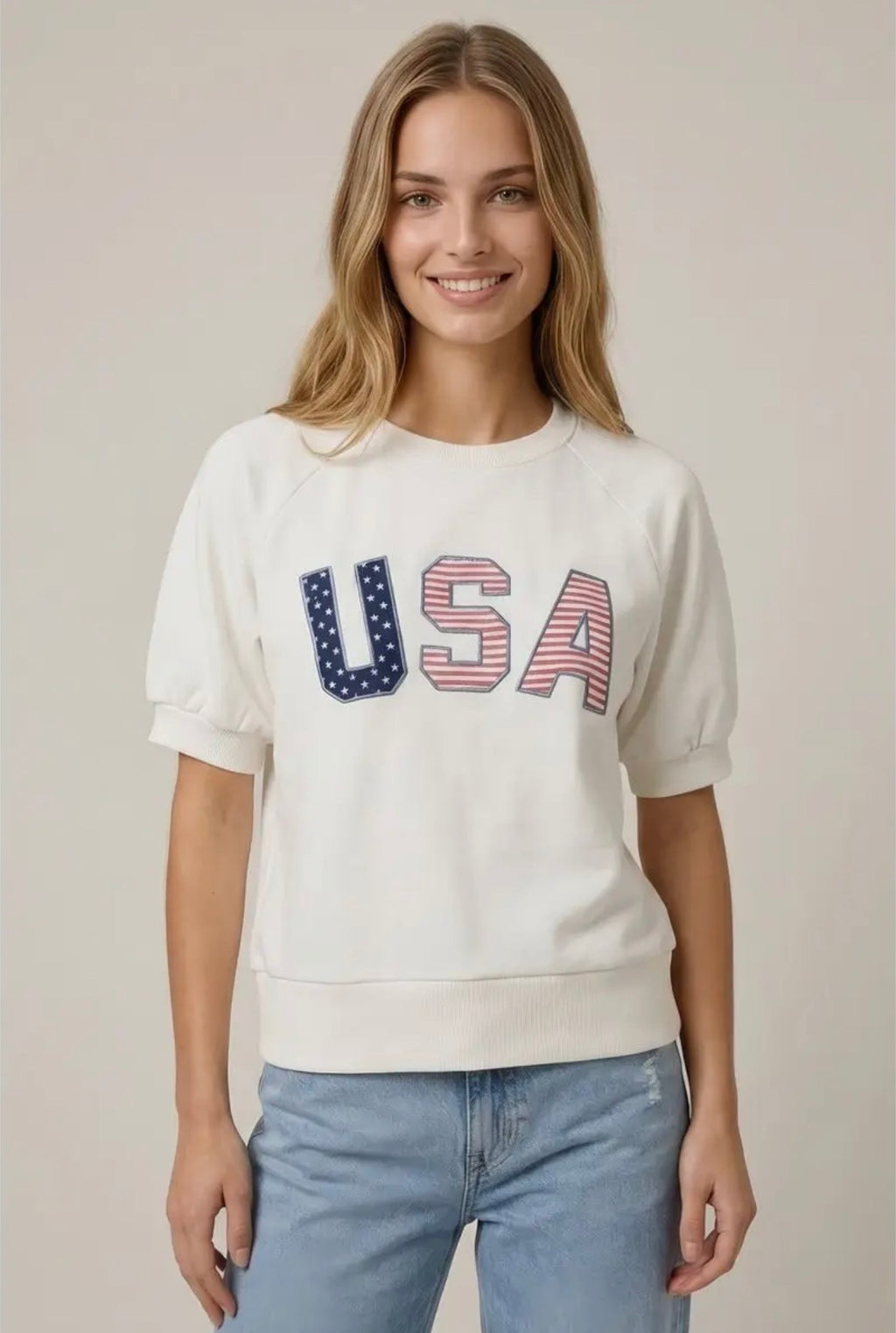 USA Embroidered Short Sleeve Sweatshirt