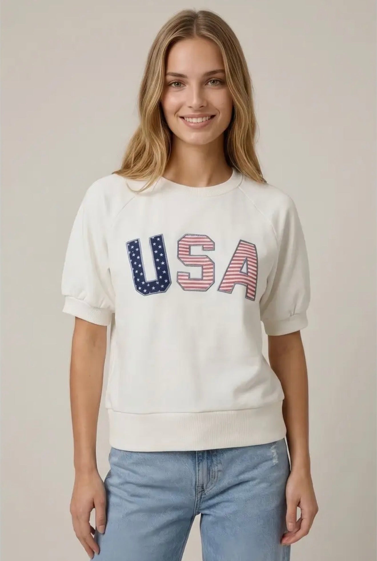 USA Embroidered Short Sleeve Sweatshirt