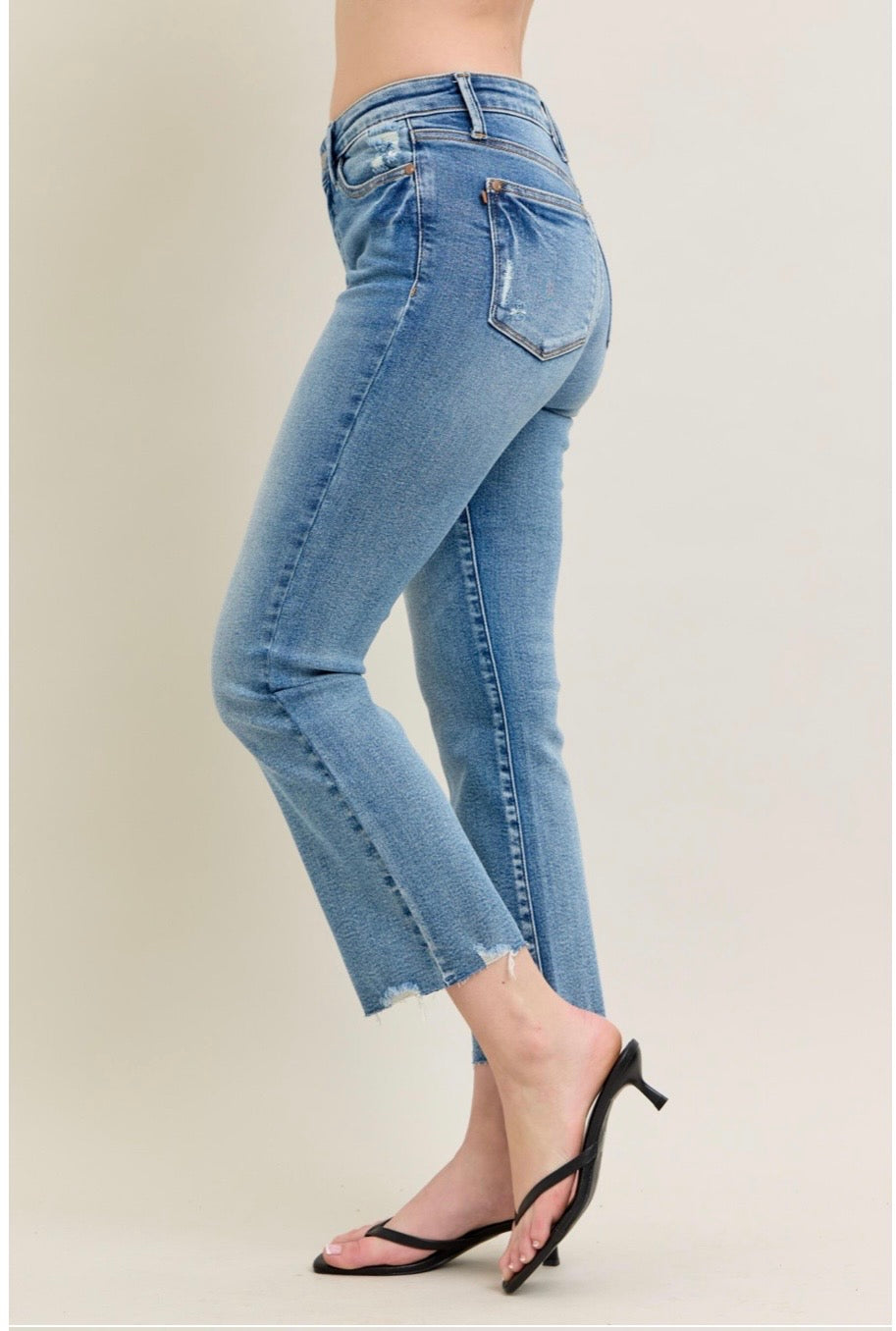 Judy Blue Vintage Wash Destroy Hem Kick Flare Crop Denim