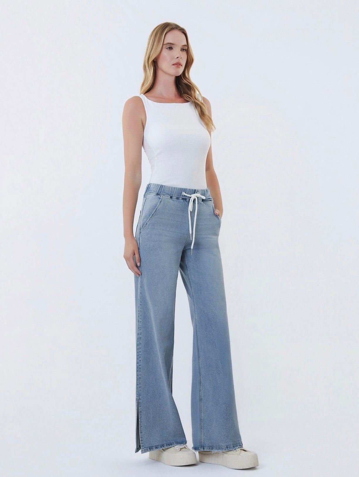Lovervet High Rise Drawstring Waist Side Slit Wide Leg Tencel Jean