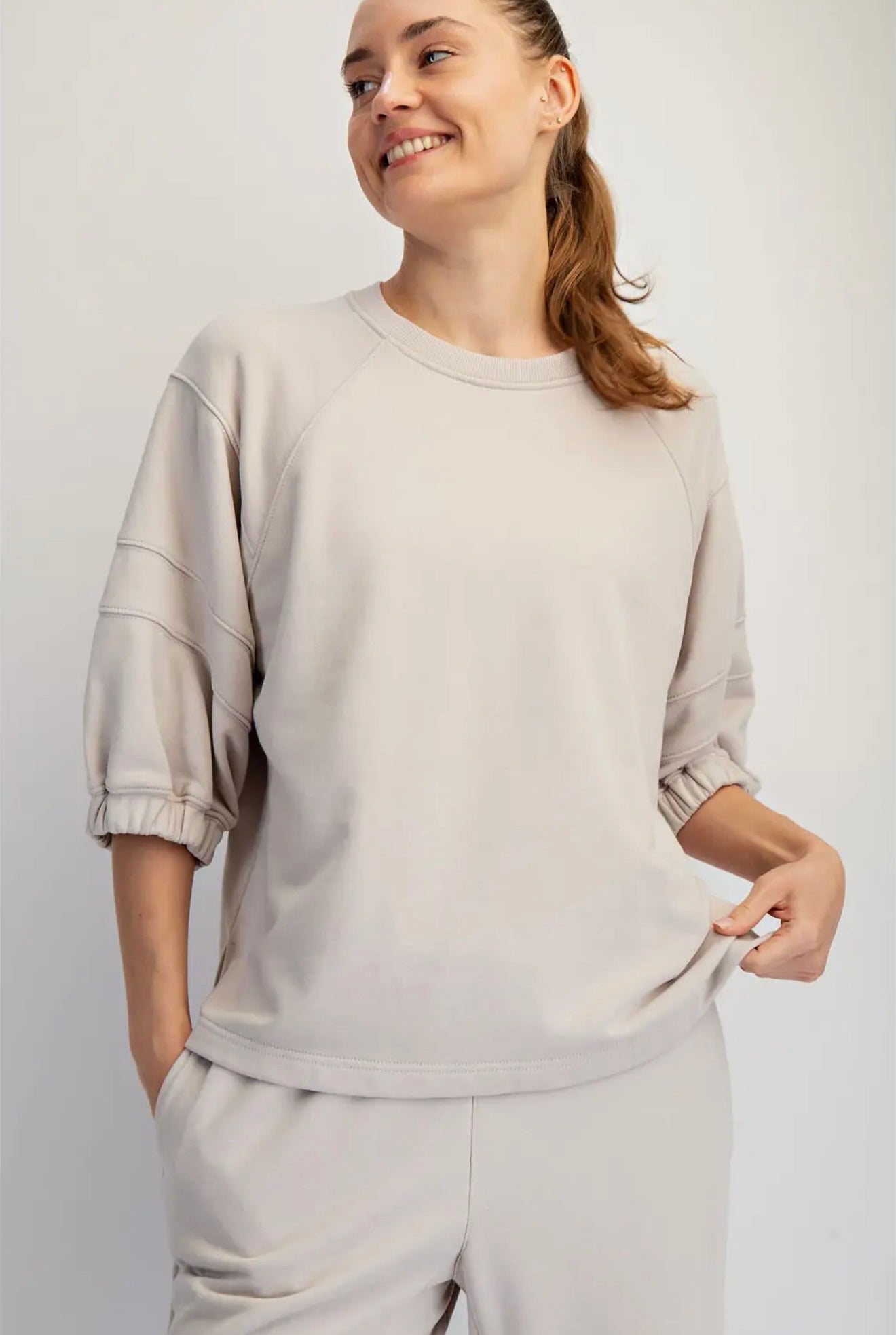 French Terry Short Bubble Sleeve Crew Neck