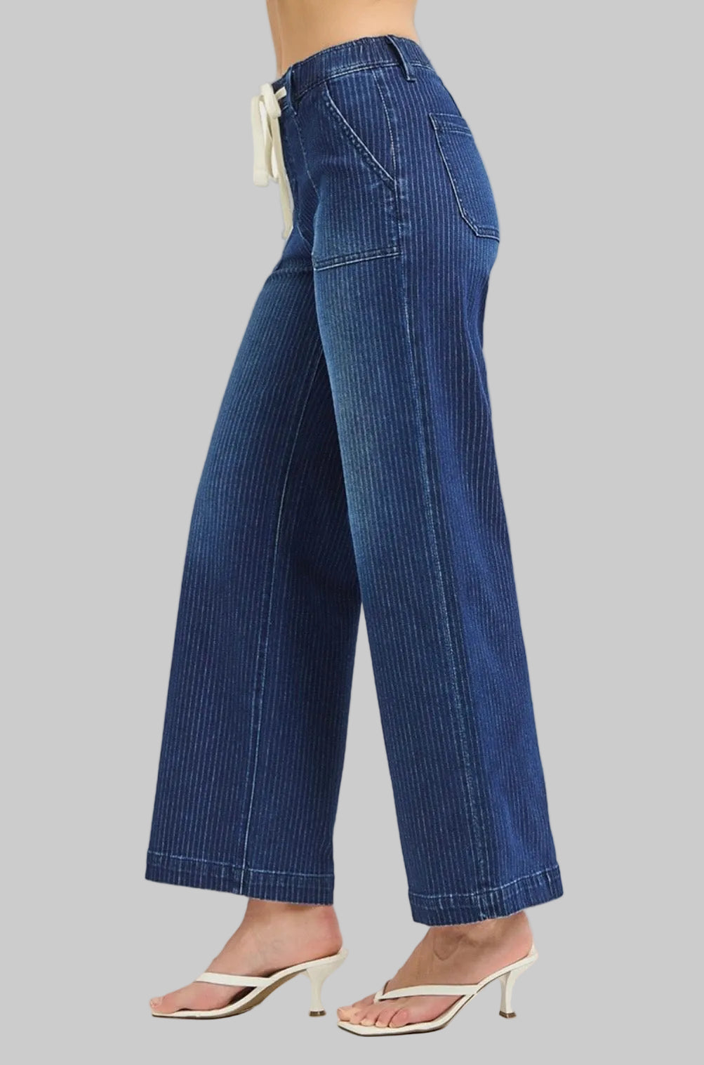 Risen Stripe Wide Leg Jeans with Drawstring