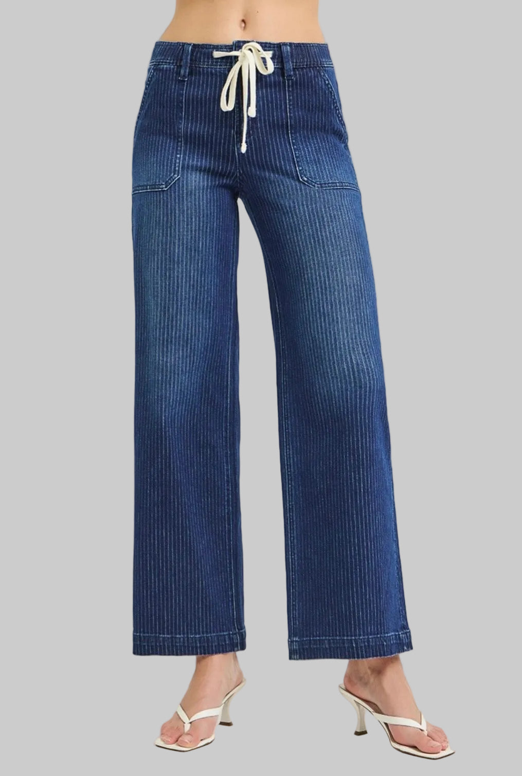Risen Stripe Wide Leg Jeans with Drawstring