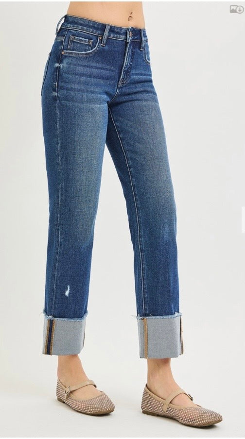 RISEN TUMMY CONTROL 4 WAY STRETCH MID RISE CROP STRAIGHT CUFFED JEAN