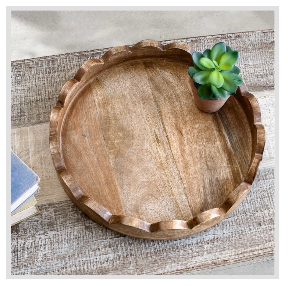 17.5" Round Scalloped Mango Wood Tray