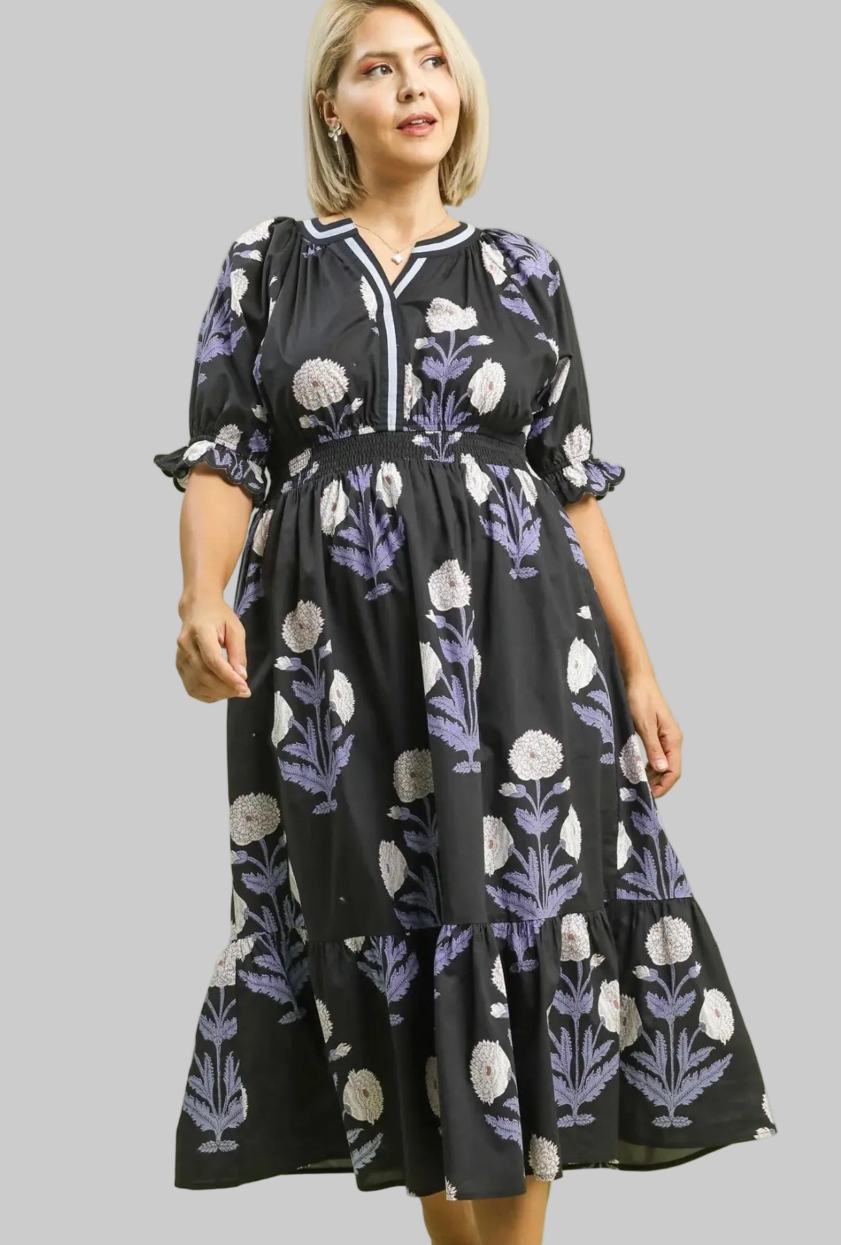 Curvy Floral Smocked Waist Midi Dress