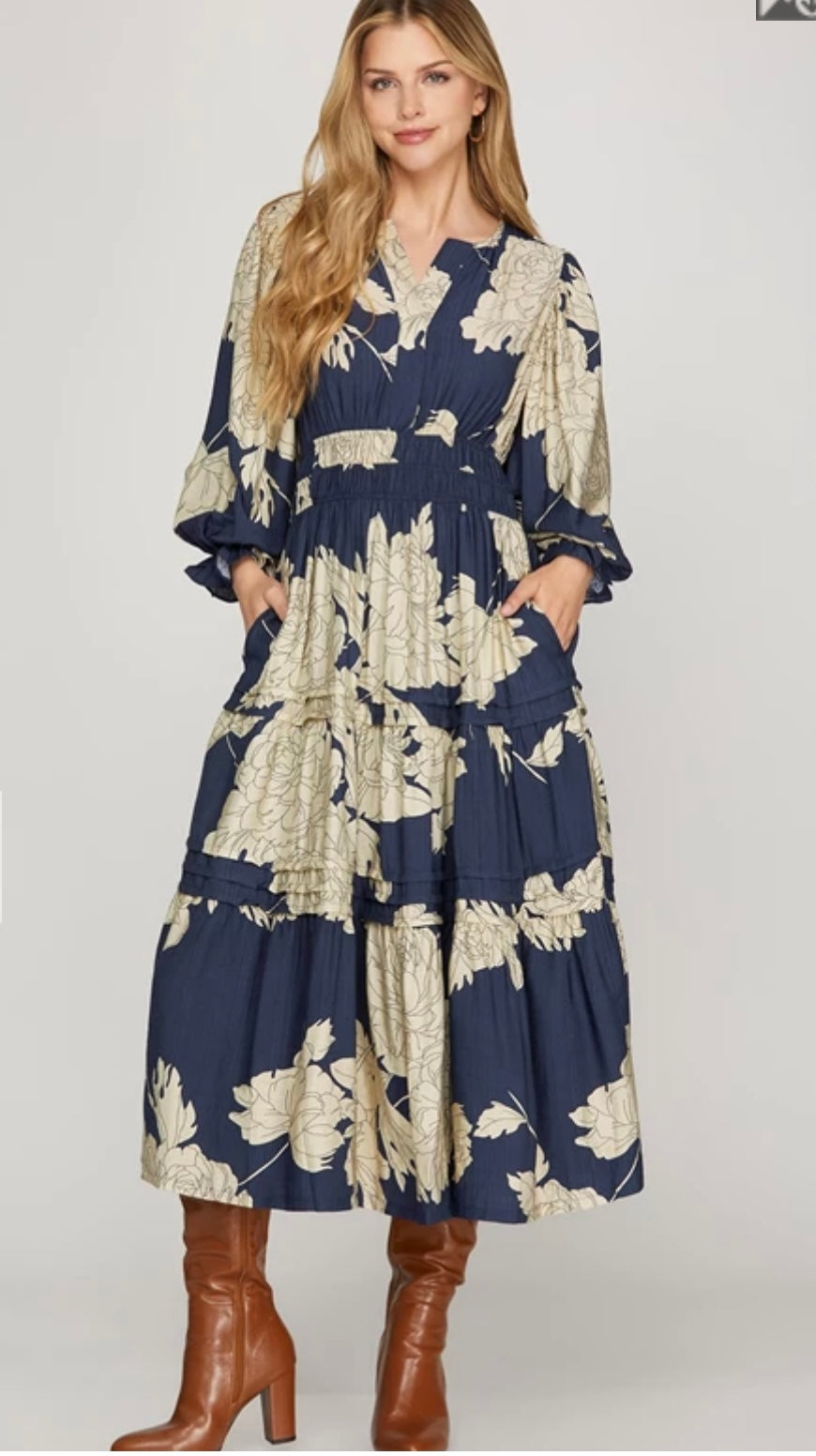 Tiered Floral Print Midi Dress