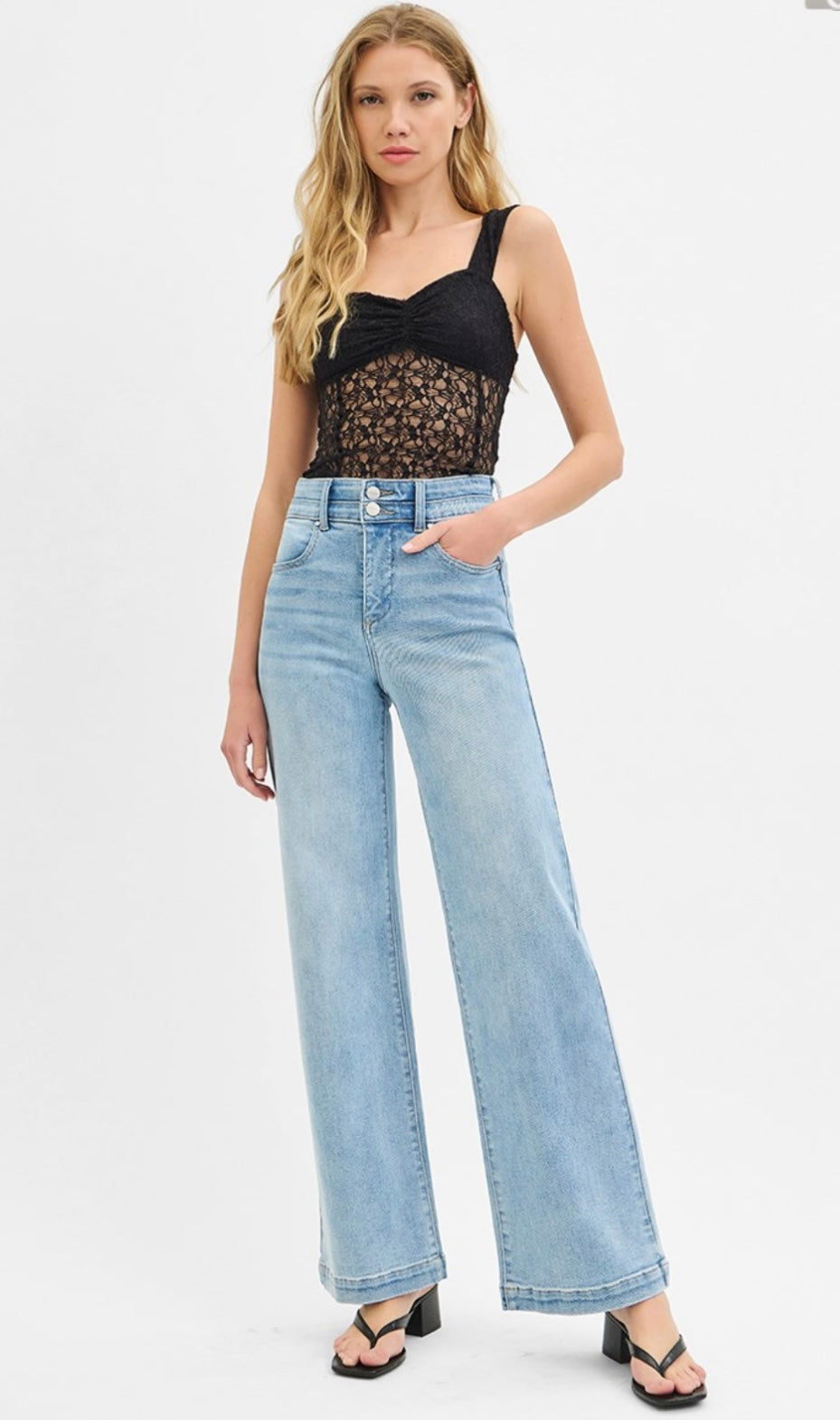 Risen Tummy Control High Rise Double Button Light Wash Jean
