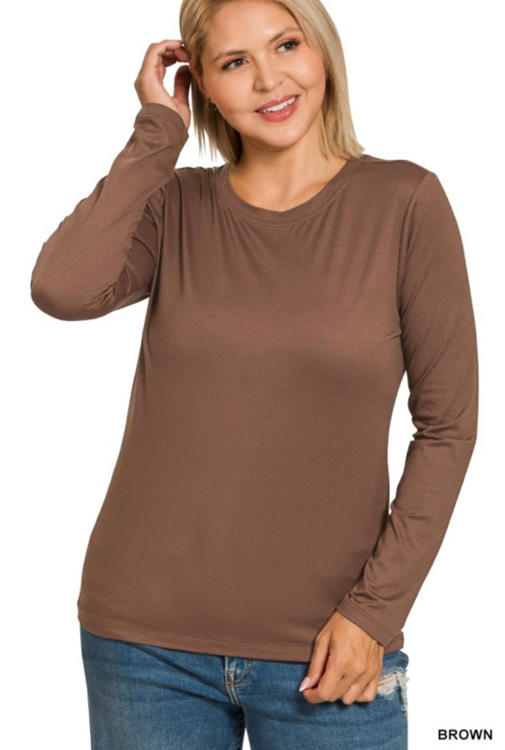 Brushed Microfiber Long Sleeve Round Neck Basic Layering Tee - Sizes up to 3X