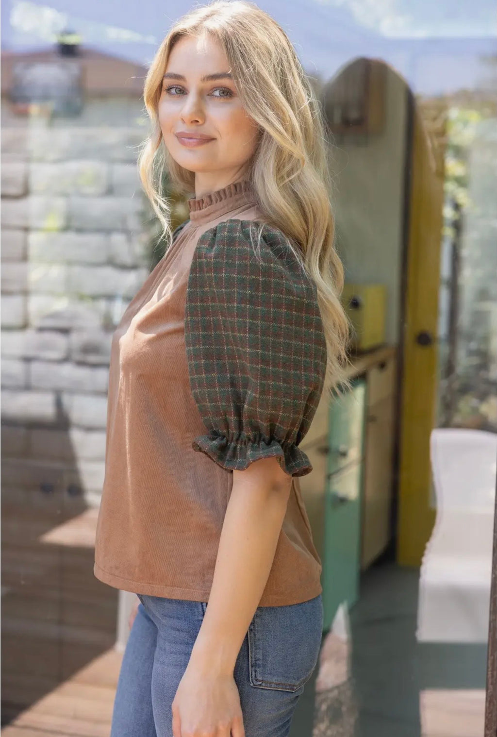Contrast Plaid Tie Back Top