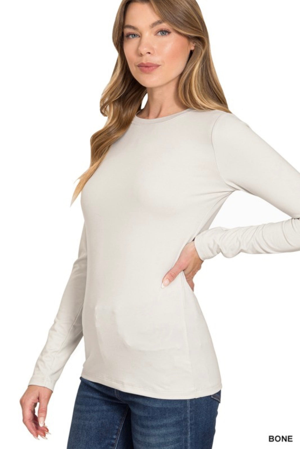 Brushed Microfiber Long Sleeve Round Neck Basic Layering Tee - Sizes up to 3X
