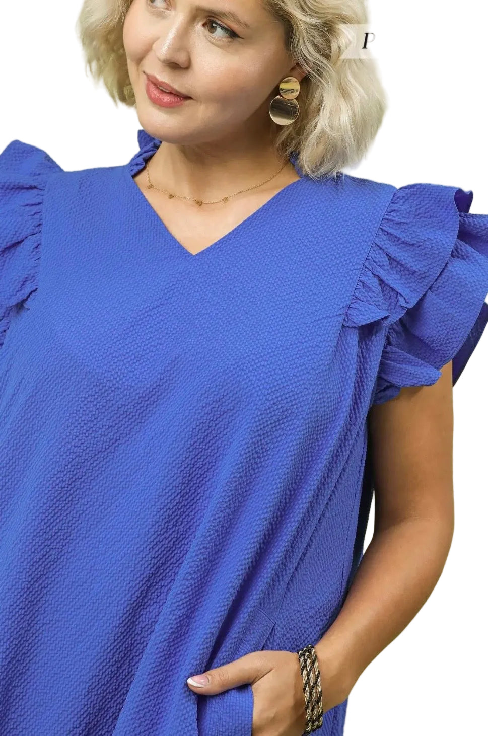 Curvy Textured Ruffle Sleeve Shift Dress
