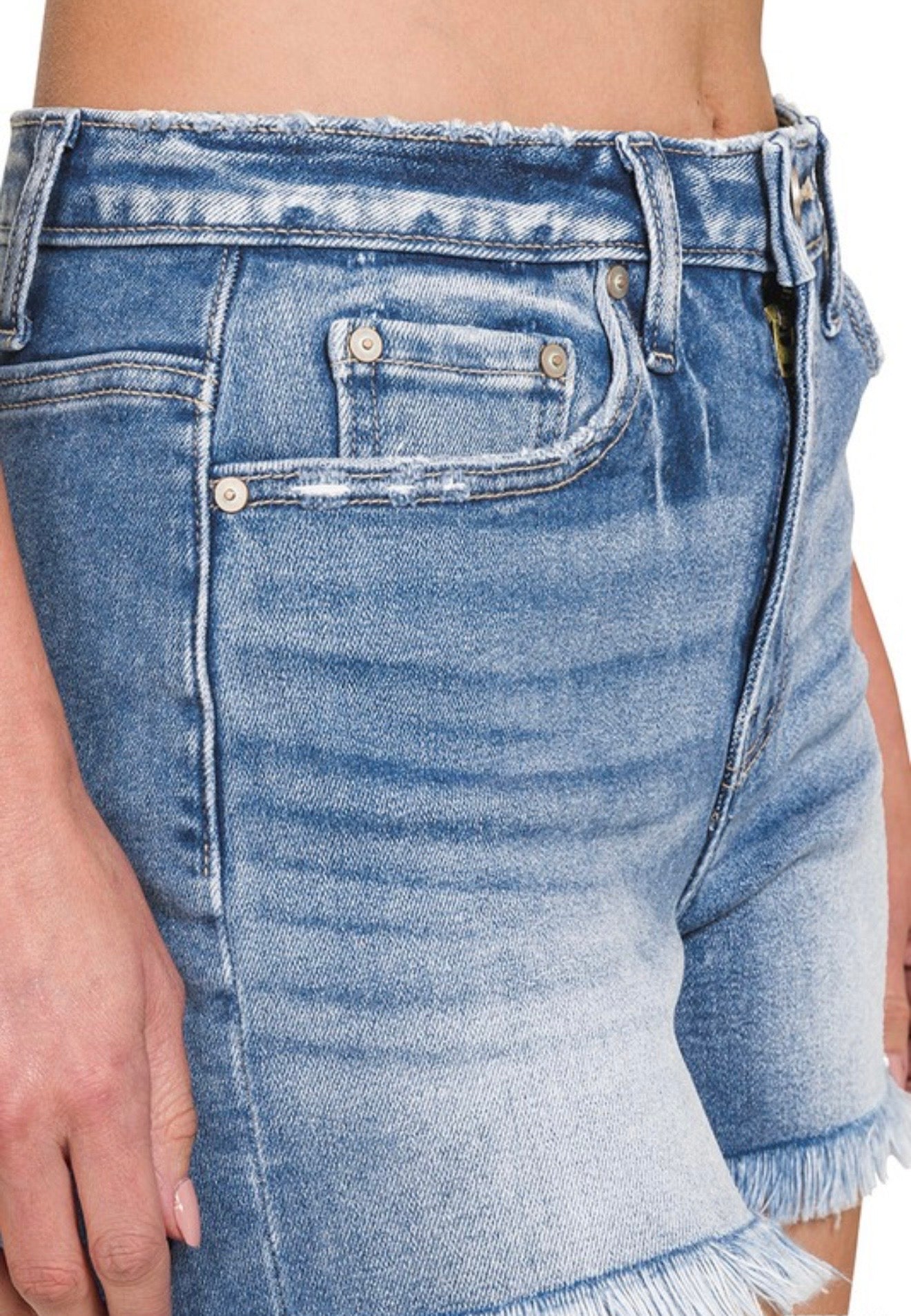 Mid Rise Raw Hem Denim Shorts