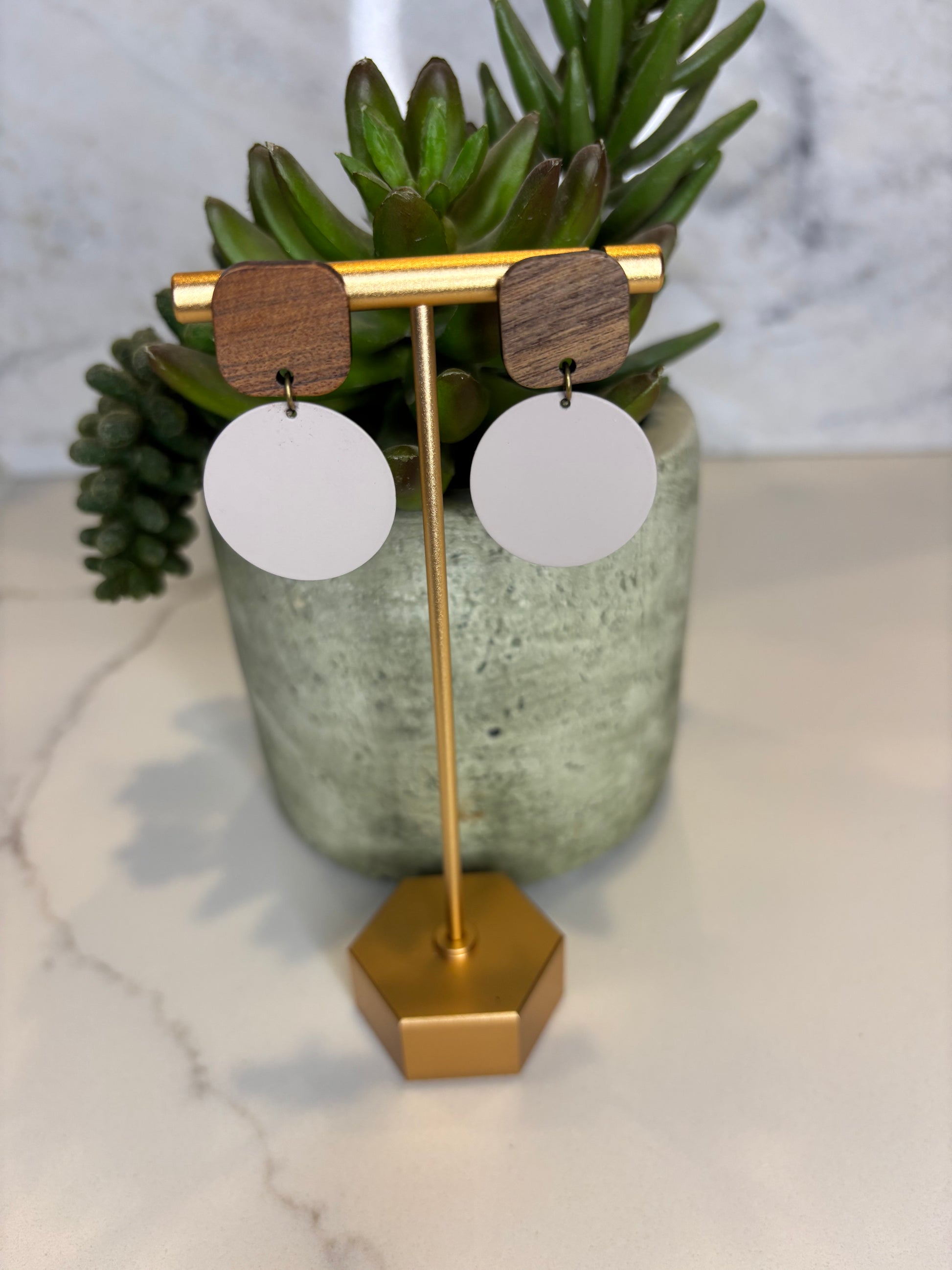Metal and wood square earrings