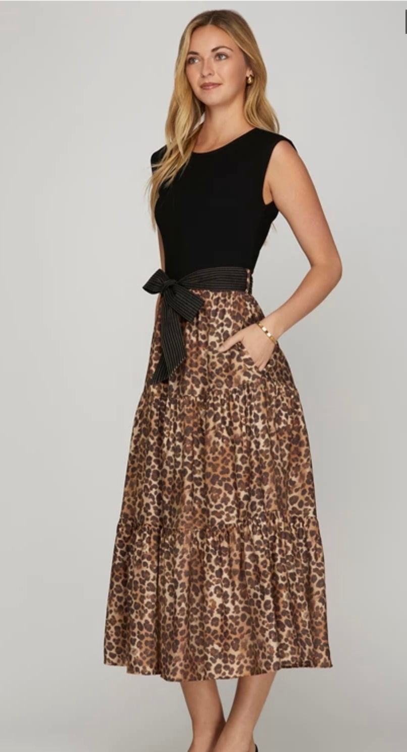 Knit and Woven Tiered Animal Print Midi Dress