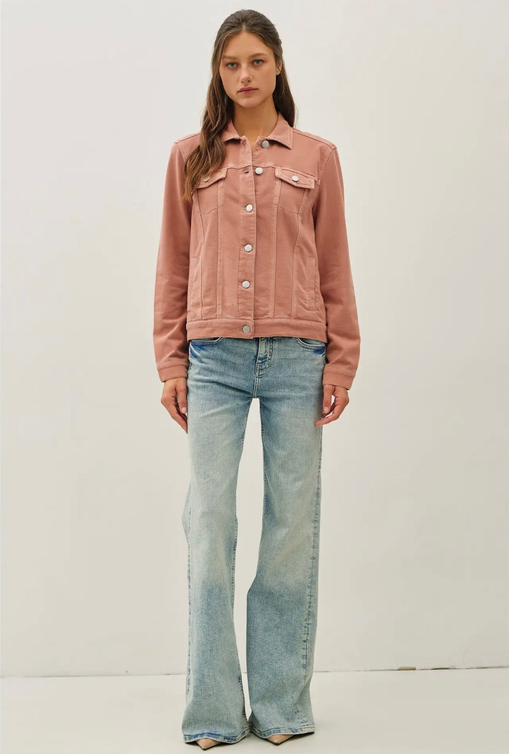 Curvy Garment Dyed Stretch Fleece Trucker Denim Jacket