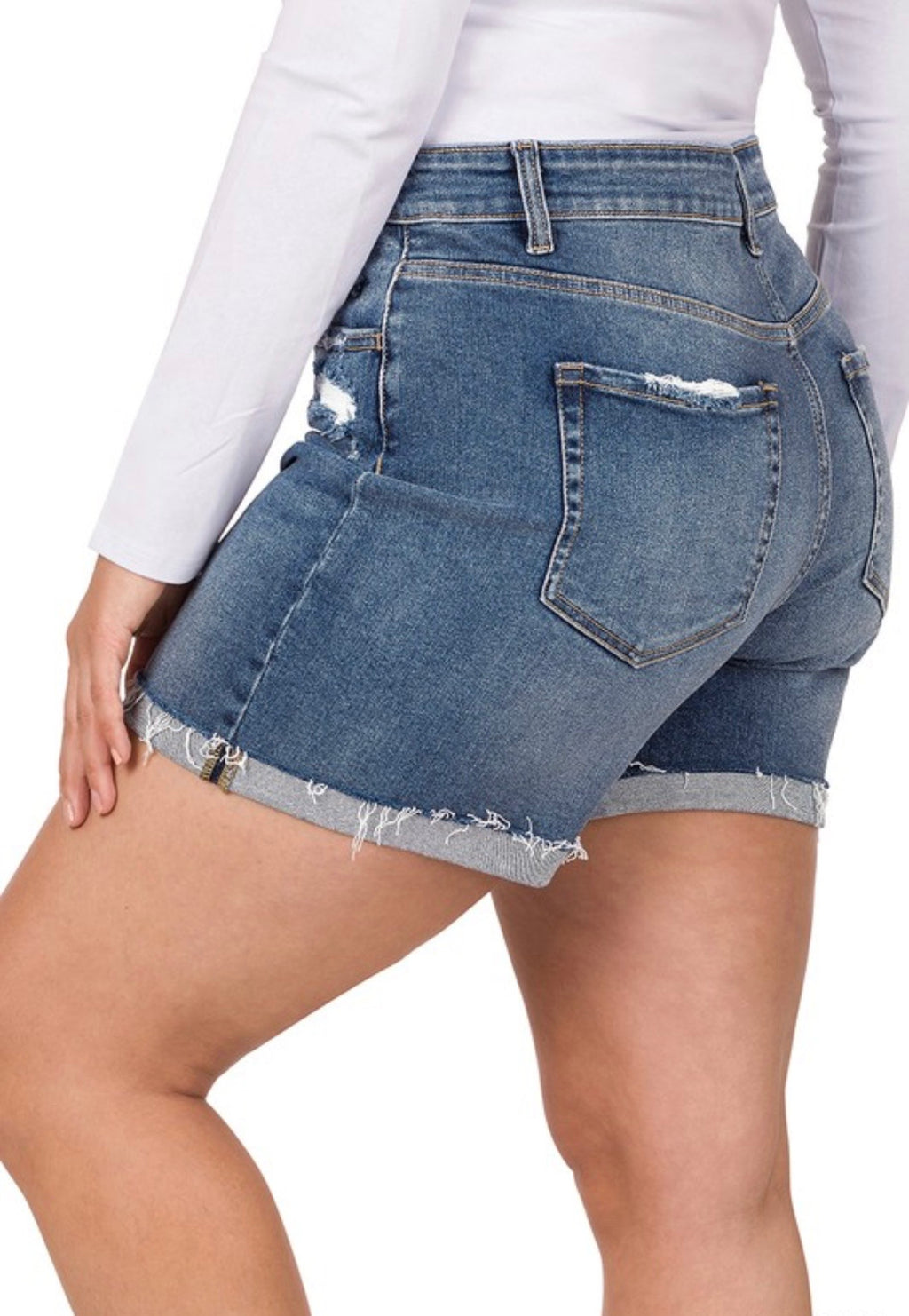 Curvy Cuffed Raw Hem Denim Shorts