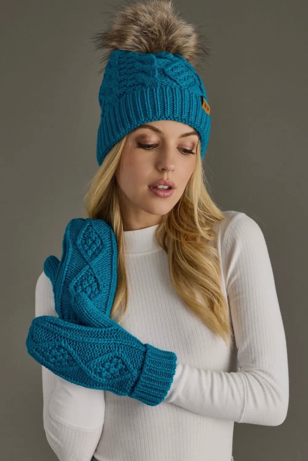 Sapphire Blue Cable Knit Pom Hat