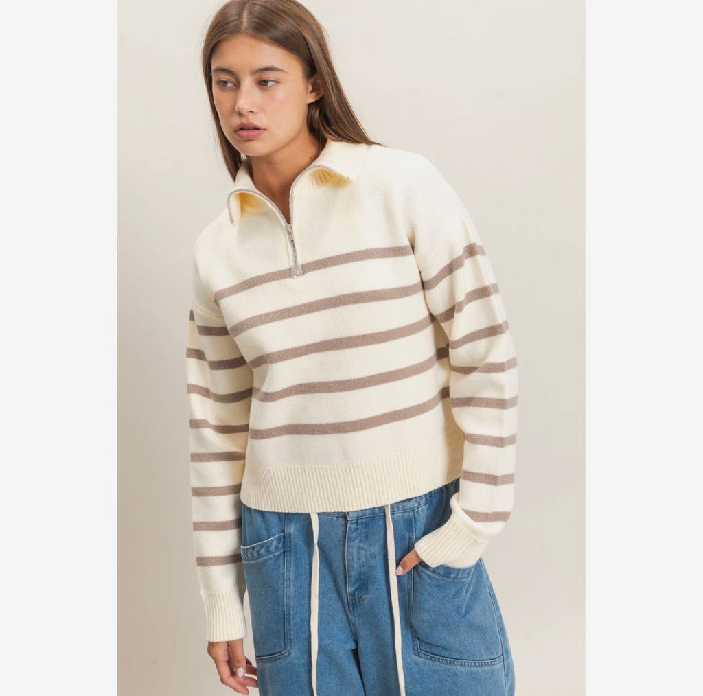 Half Zip Collared Stripe Sweater