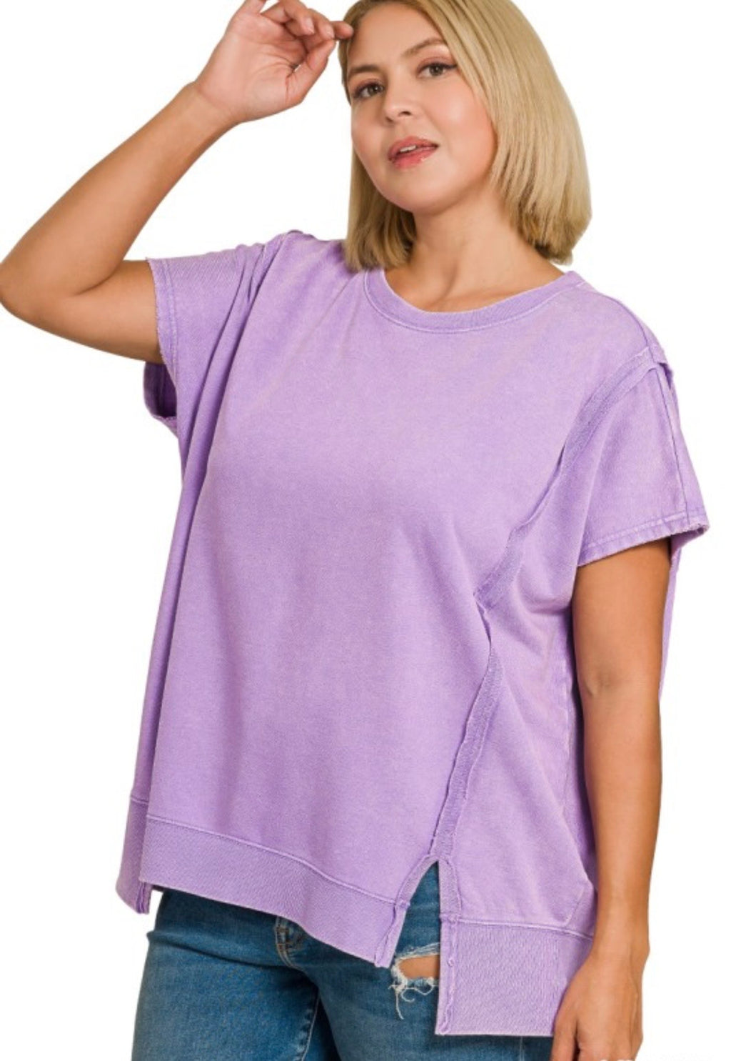 Curvy French Terry Acid Washed Short Sleeve Sweatshirt