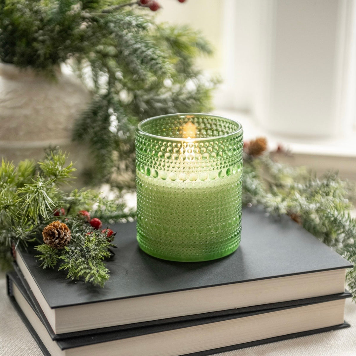 4" Pine Green Dotted Glass LED Candle