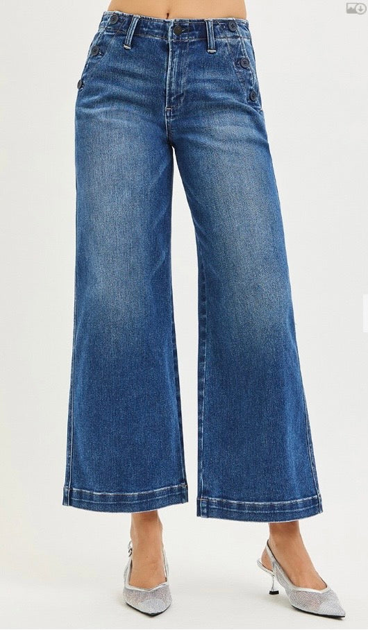 Risen High Rise Wide Leg Pocket Button Detail Jeans