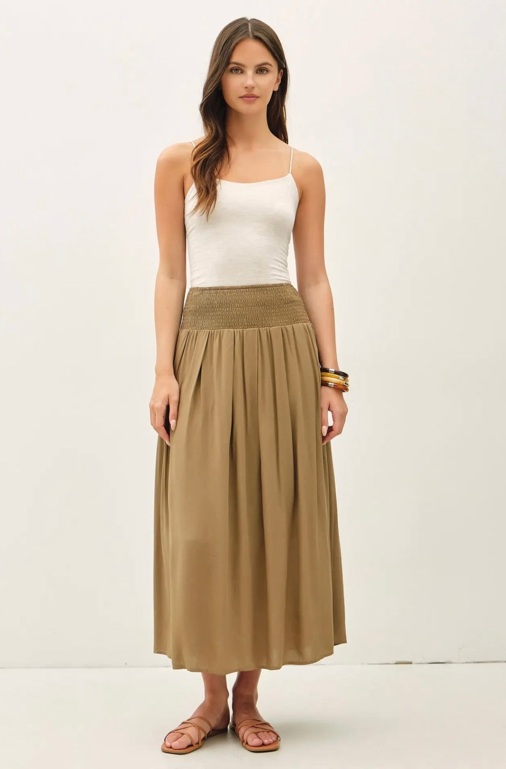 Smocked Waist Midi Skirt with Pockets
