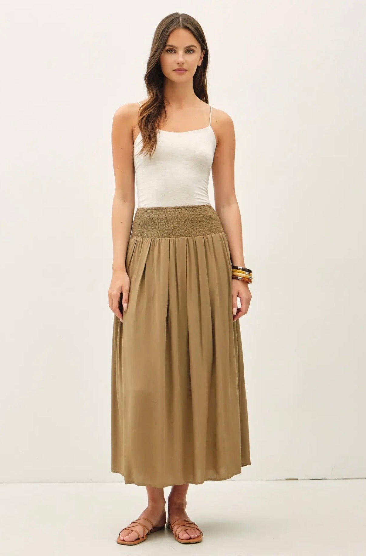 Smocked Waist Midi Skirt with Pockets