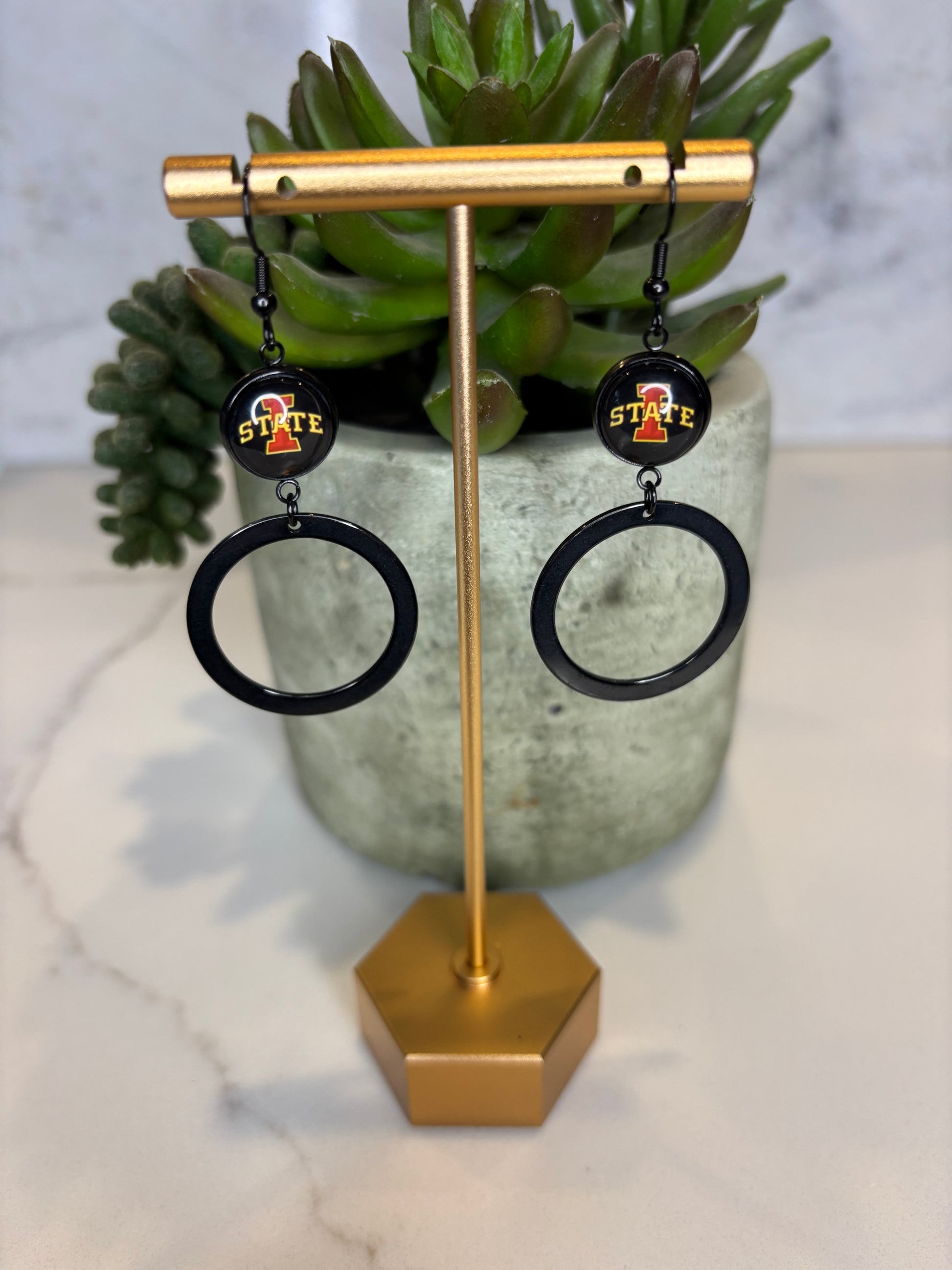 Black Dangle Big I Iowa State earrings