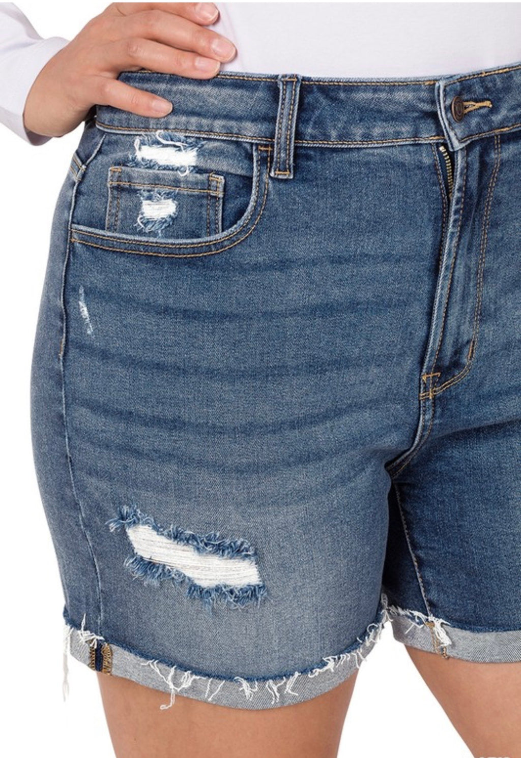 Curvy Cuffed Raw Hem Denim Shorts