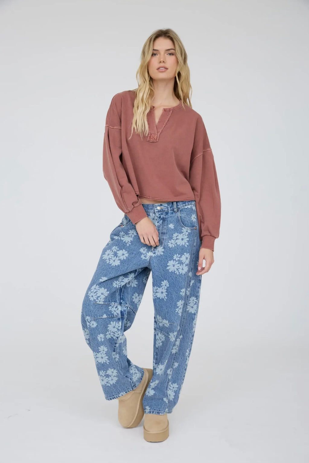 Notch Collar Long Sleeve Knit Top