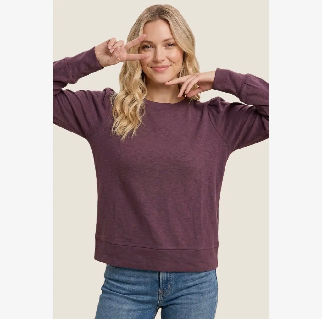 Long Sleeve Pleated Crewneck Knit Top