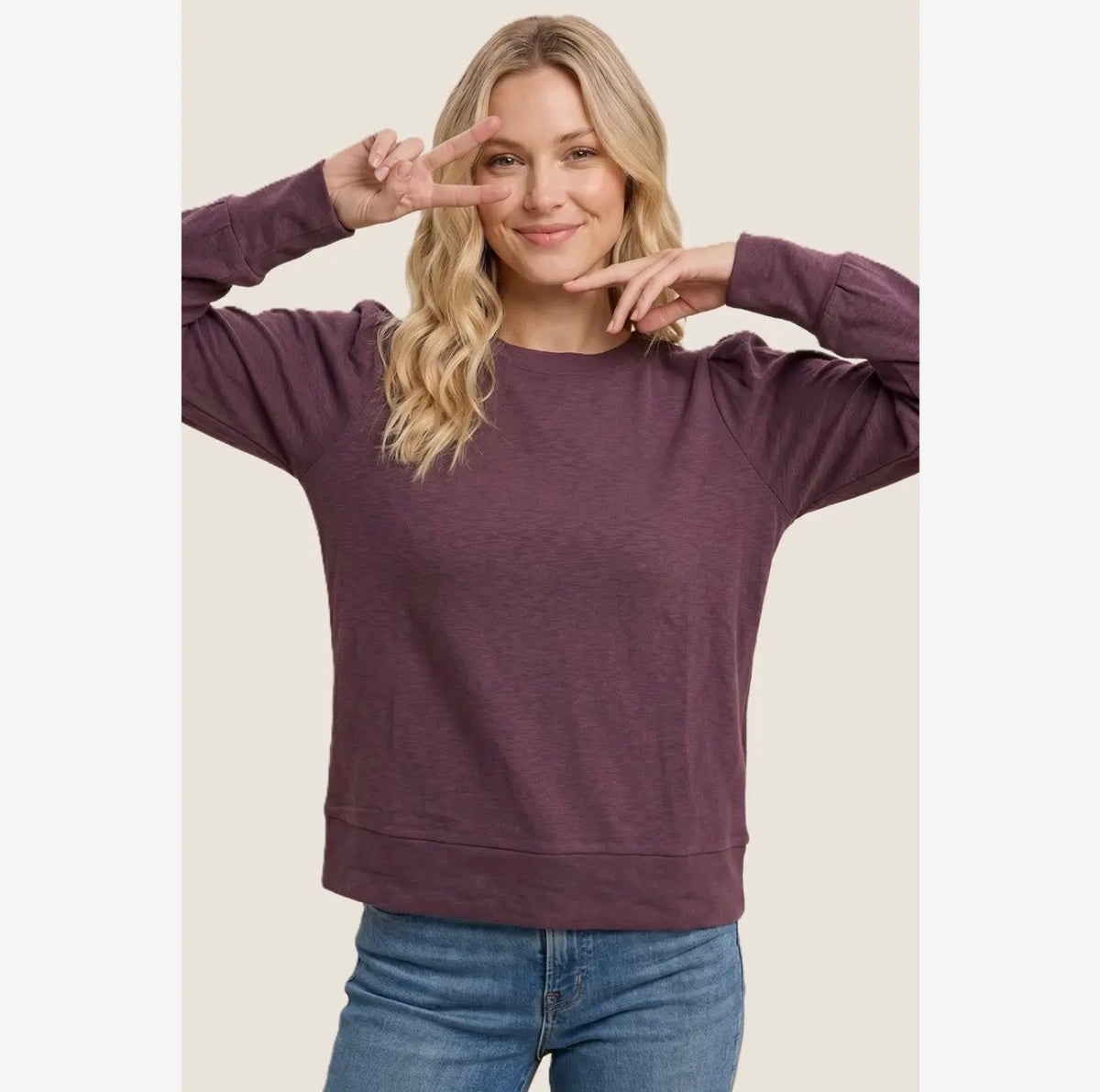 Long Sleeve Pleated Crewneck Knit Top