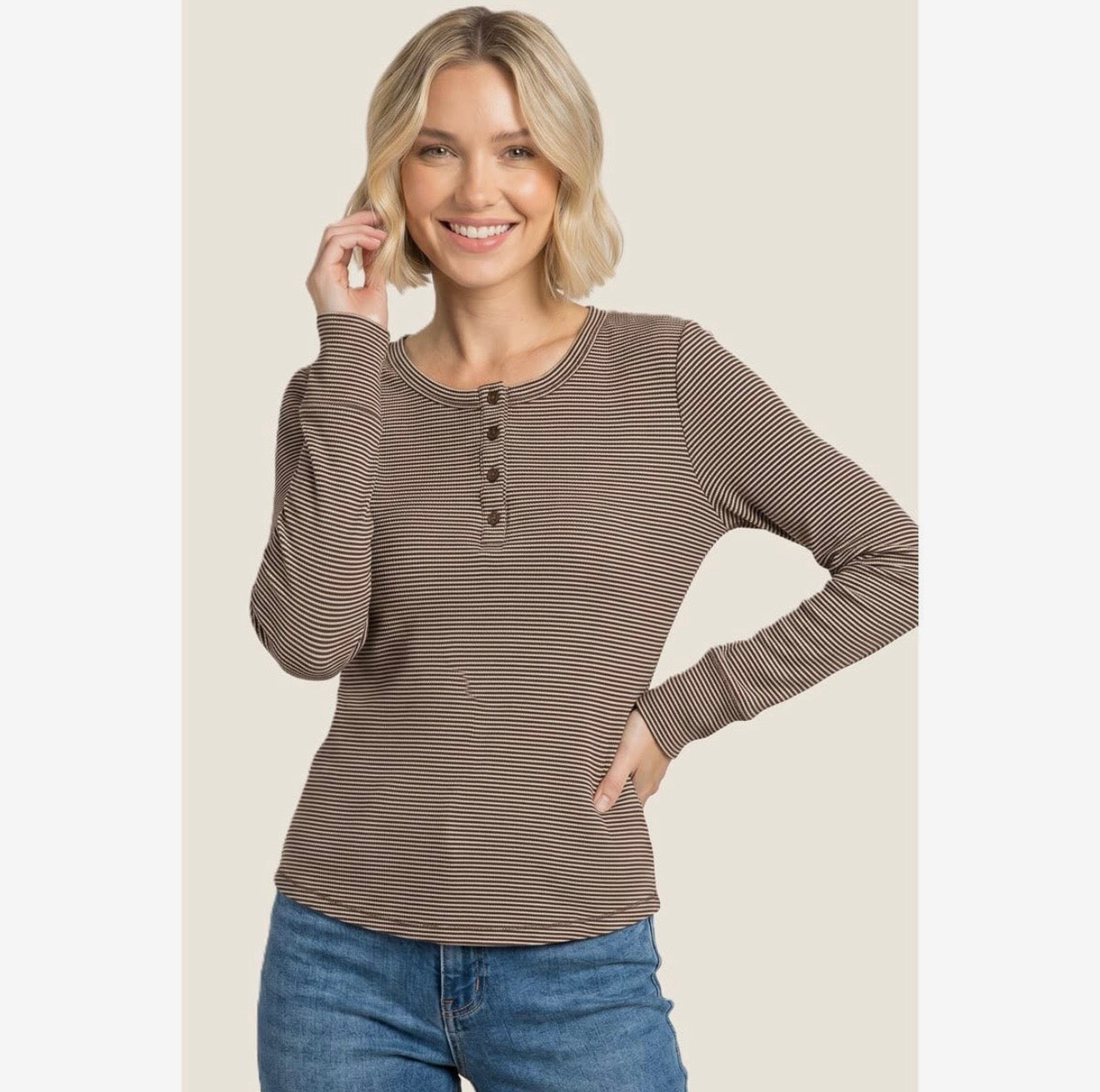 Half Button Pinstripe Long Sleeve Top