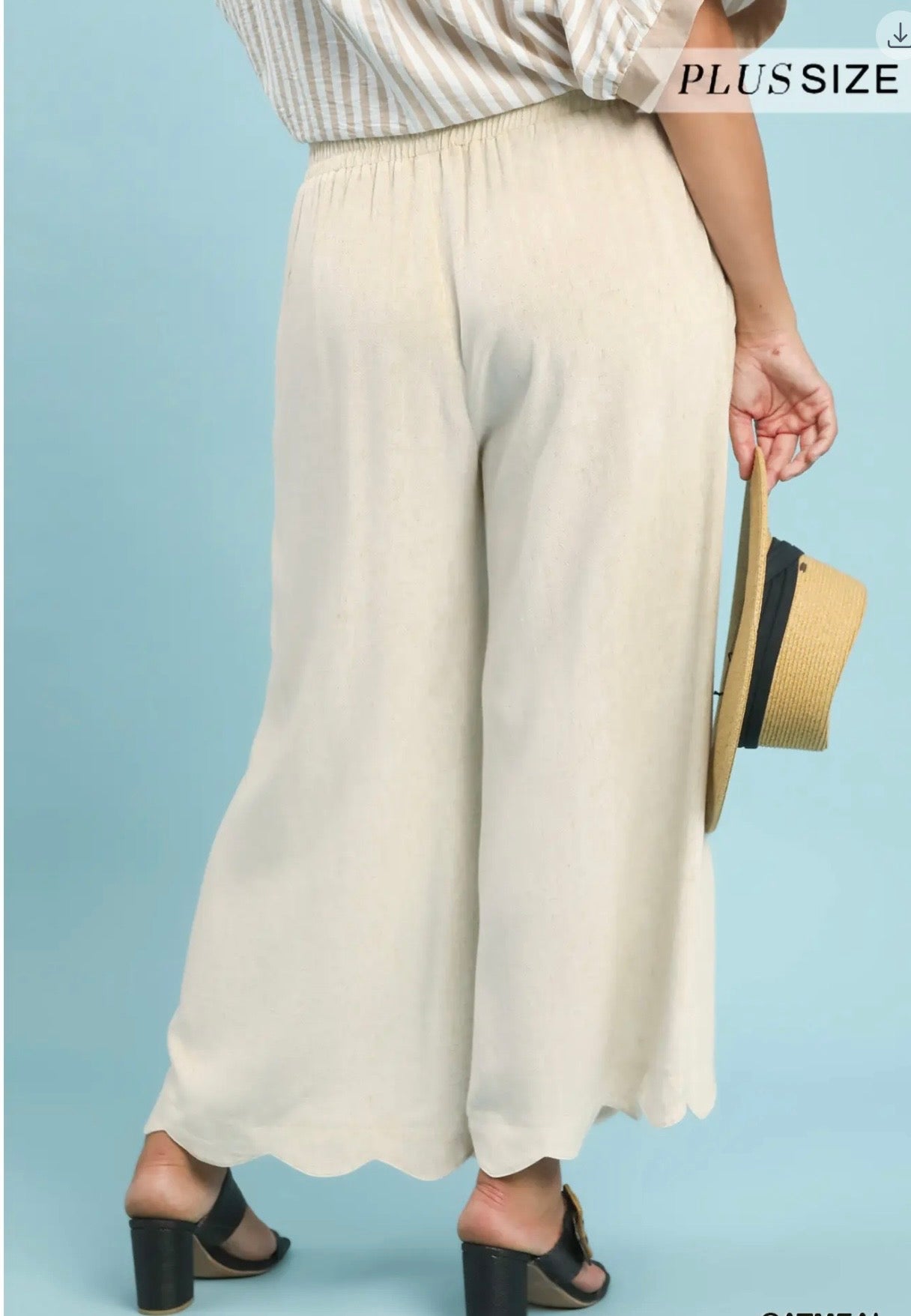 Curvy Linen Blend Scallop Hem Wide Leg Pants