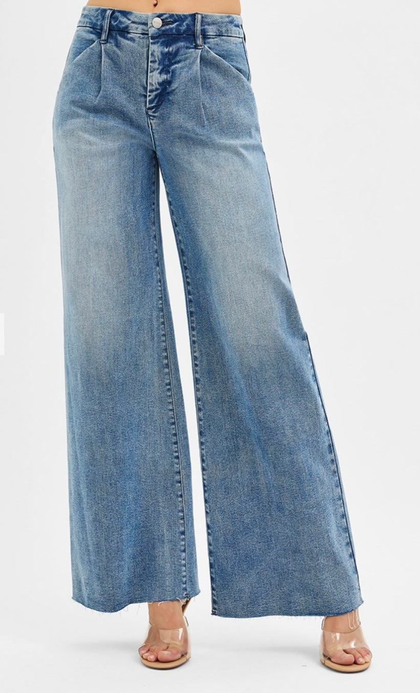 Risen High Rise Wide Leg Pleated Jeans