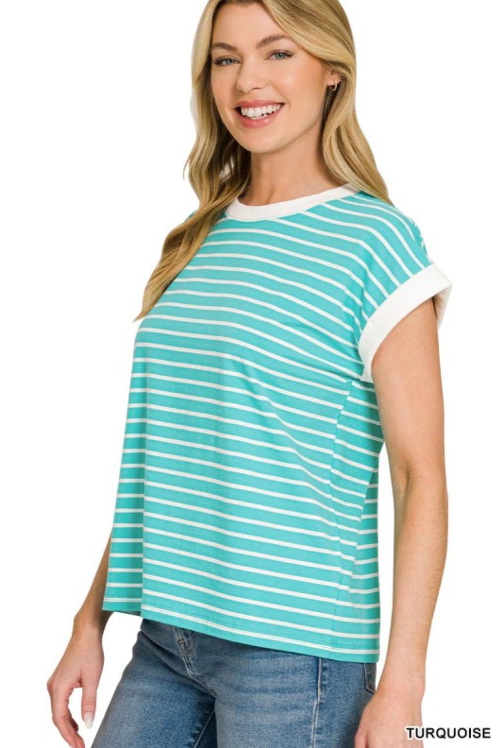 Contrast Trim Cap Sleeve Stripe Tee