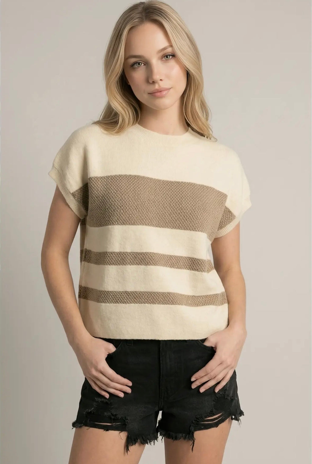 Crew Neck Stripe Short Sleeve Sweater