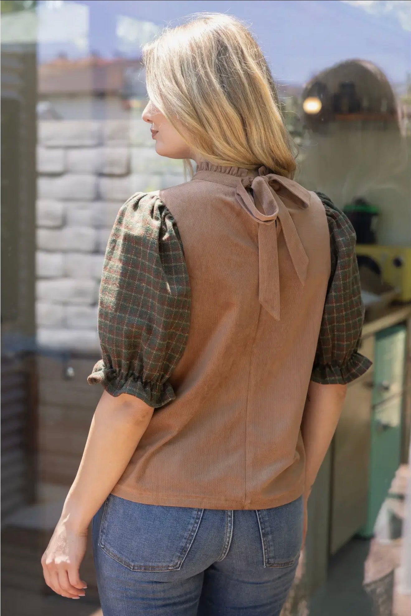 Contrast Plaid Tie Back Top