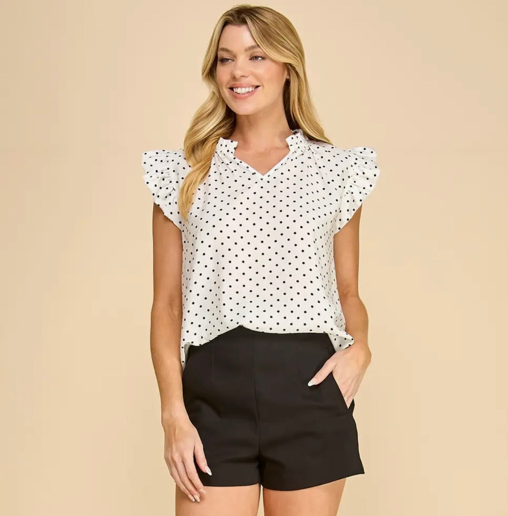 Polka Dot Ruffle Sleeve V-Neck Top