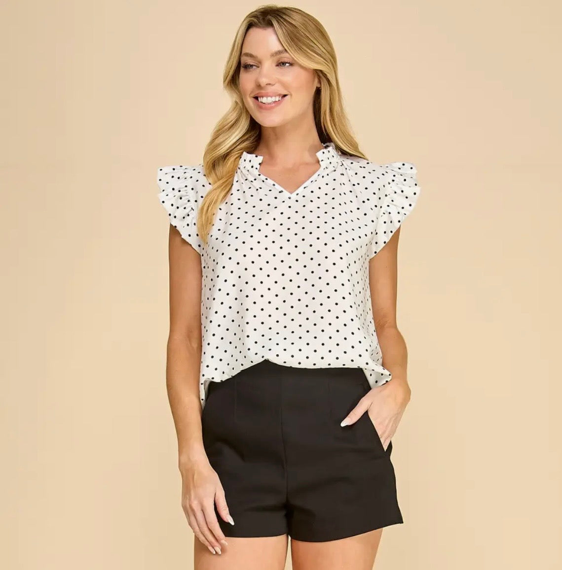 Polka Dot Ruffle Sleeve V-Neck Top