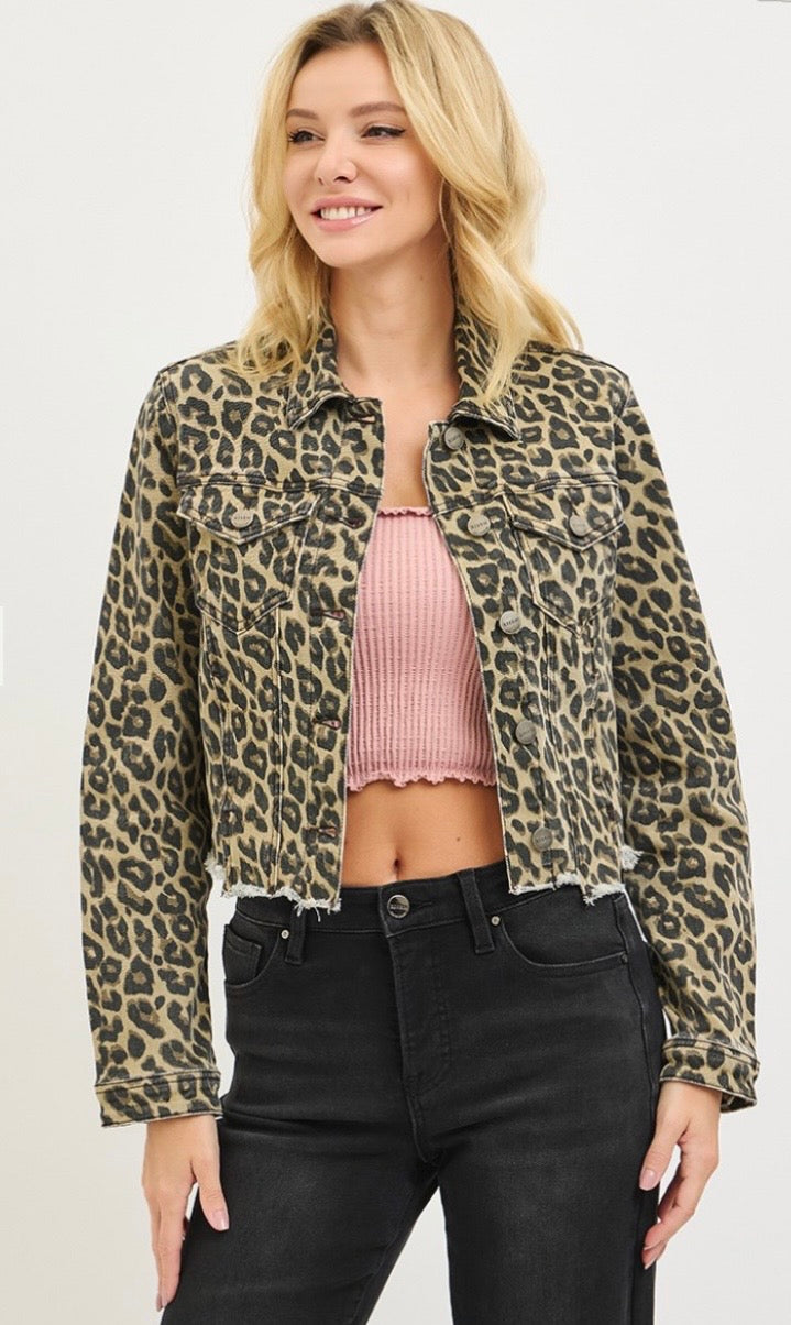 Risen Leopard Frayed Hem Denim Jacket