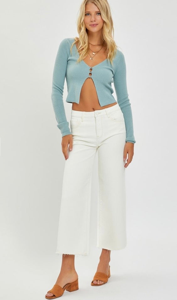 Risen Cream Crop Wide Leg Raw Hem Jeans