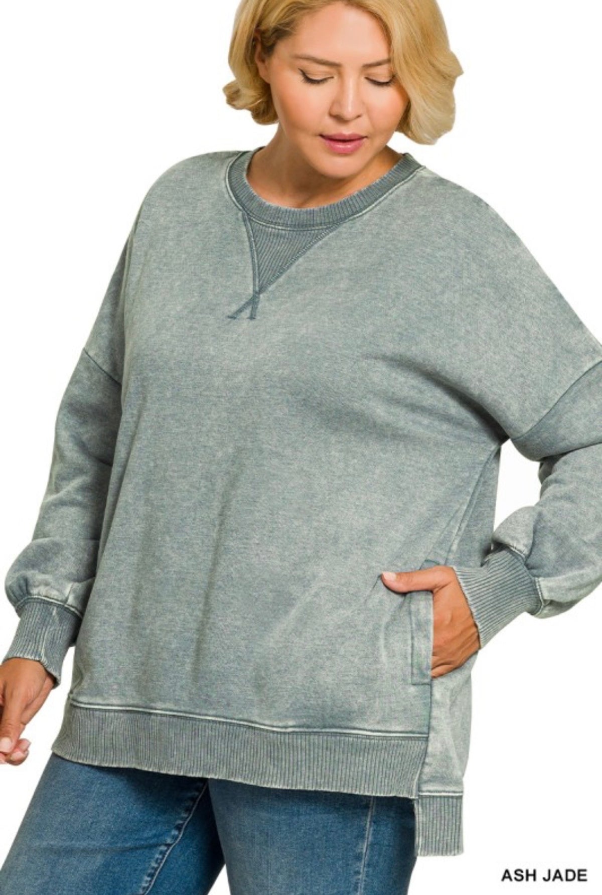 Curvy Acid Wash Fleece Hi-Low Sweatshirt with Pockets