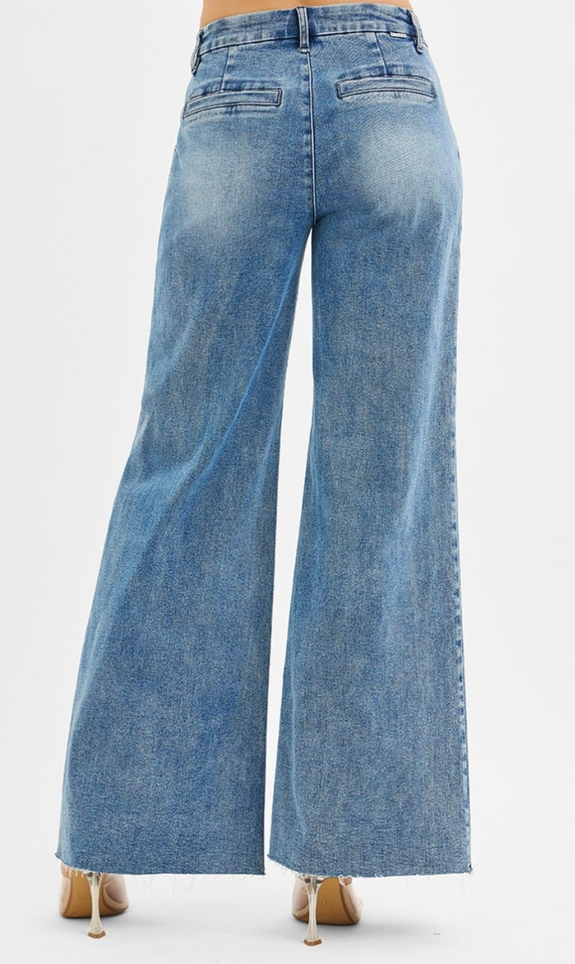 Risen High Rise Wide Leg Pleated Jeans