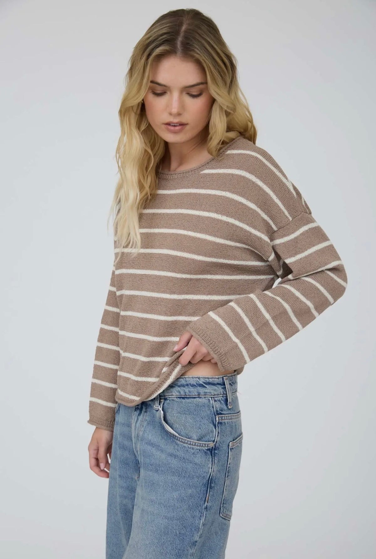 Stripe Textured Raw Edge Lightweight Sweater