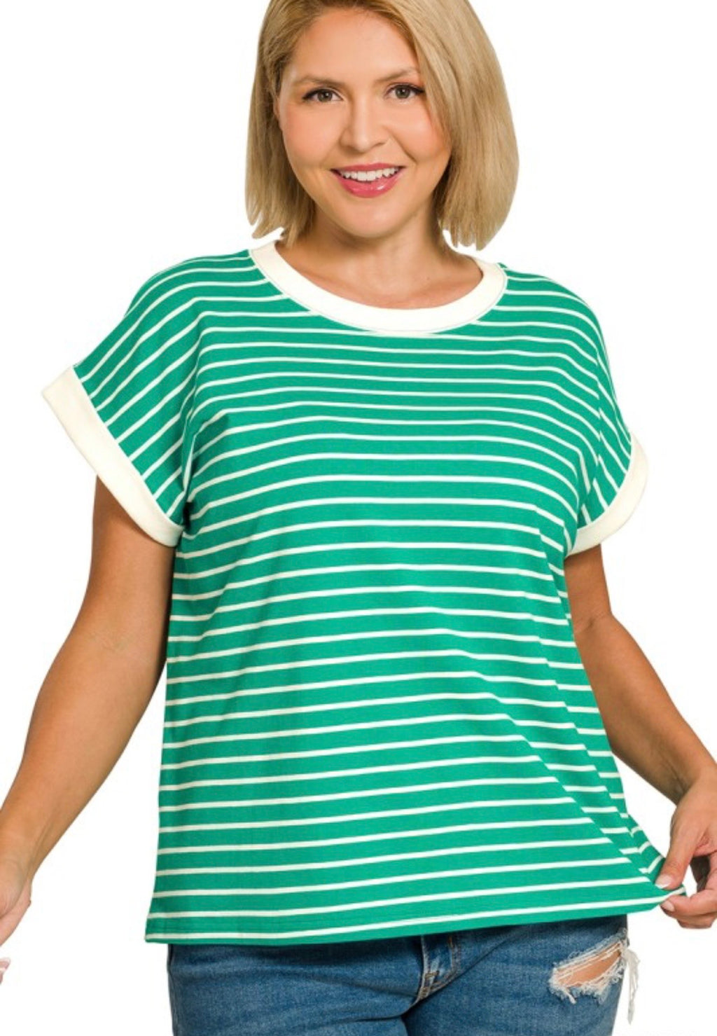 Curvy Contrast Trim Cap Sleeve Stripe Tee