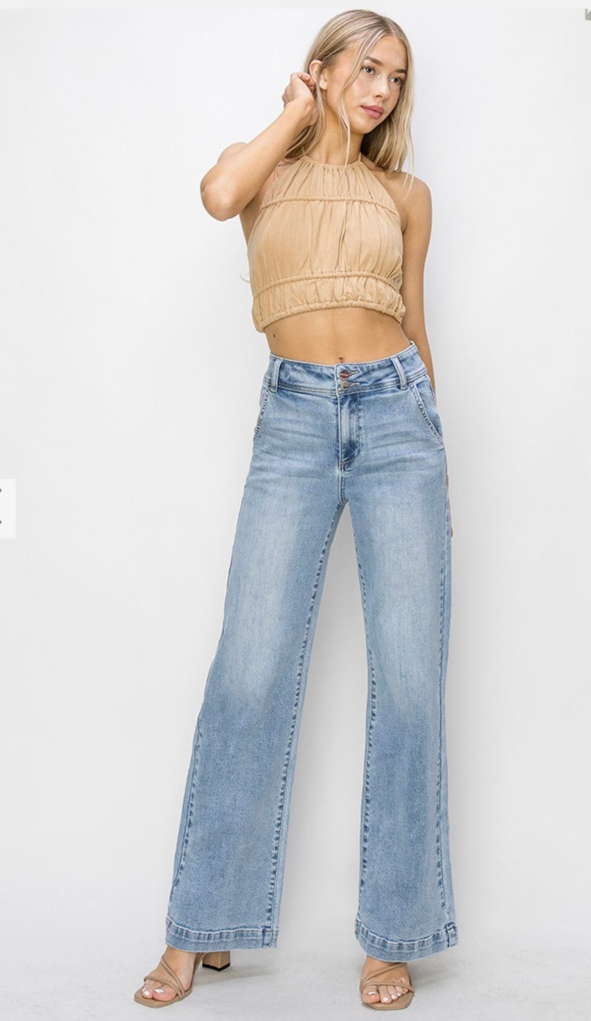 Risen High Rise Double Button Wide Leg Jean
